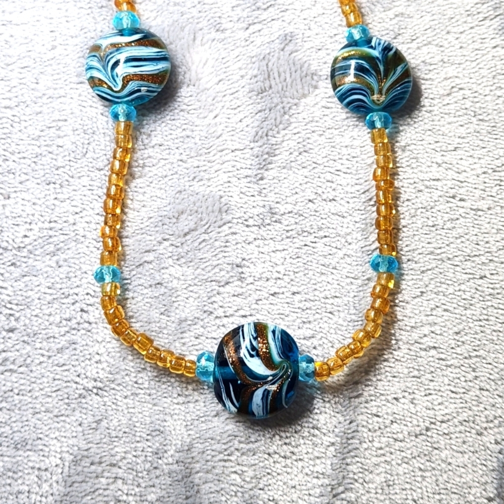 Blue and Gold Glass Beaded Necklace - Picture 3 of 5